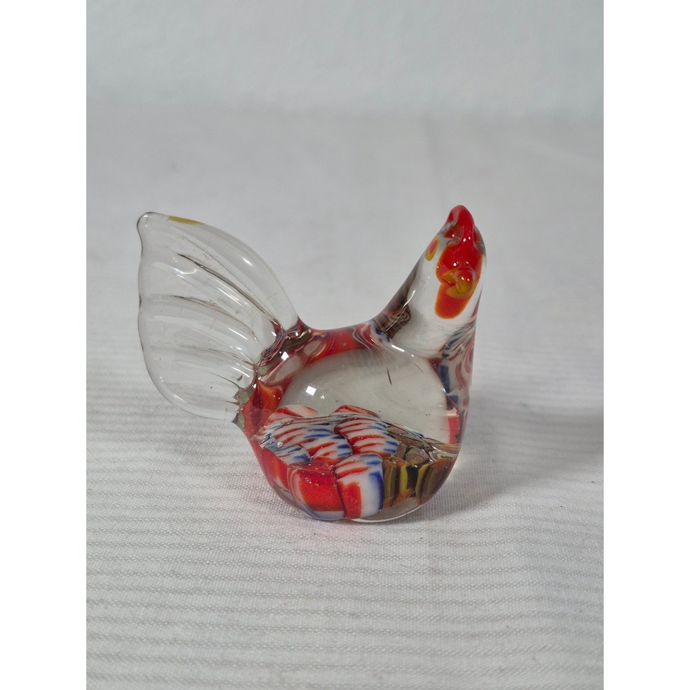 Vintage Art Glass Rooster Figurine Red White Blue Millefiori Miniature Bird